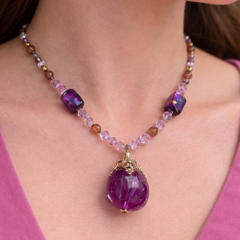 Purple Beaded Statement Necklace with Large Pendant